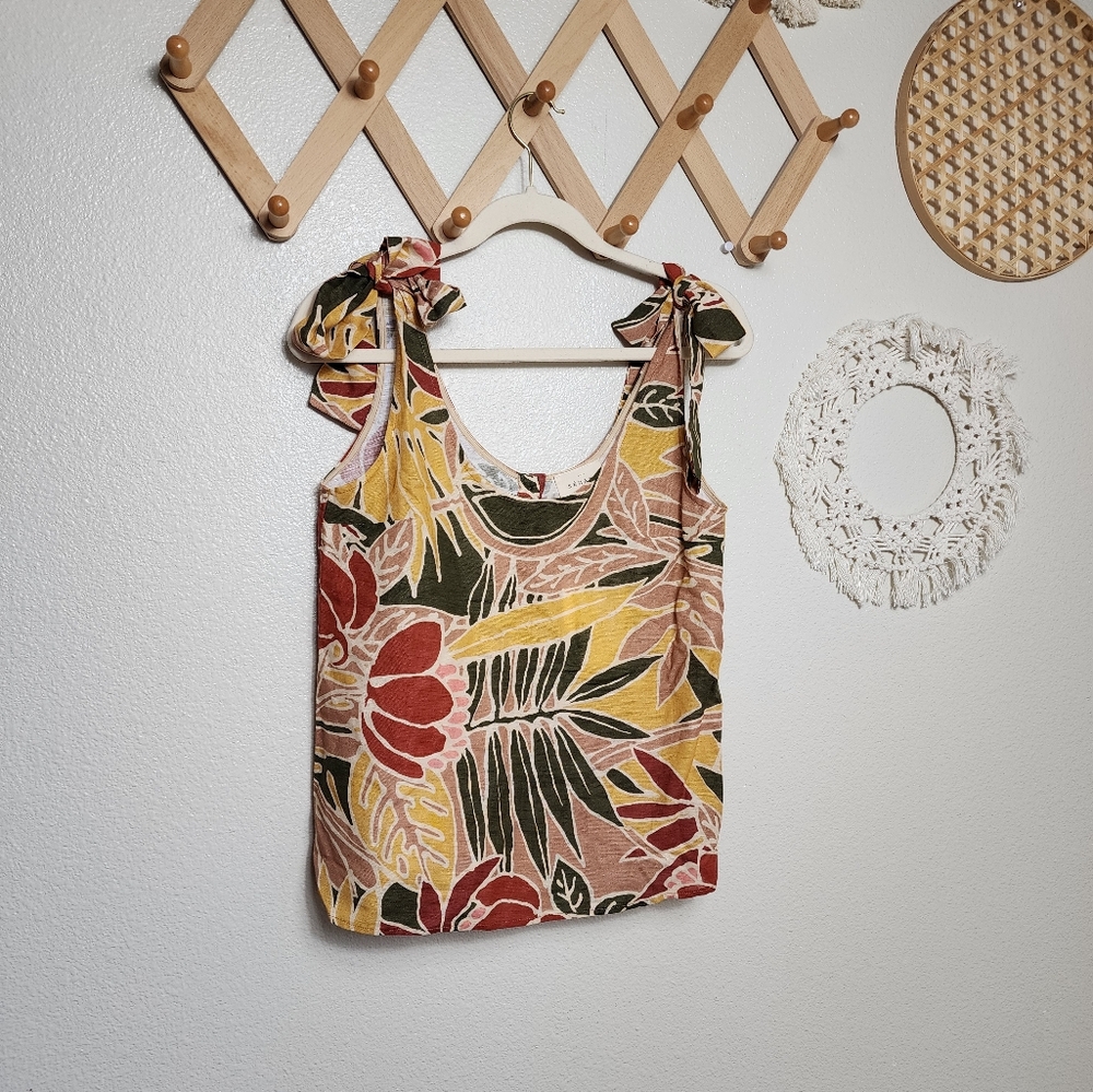 Sezane Rick Imprime Feuilles Vicky Top Linen Self-Tie Straps Women's 4 NWT